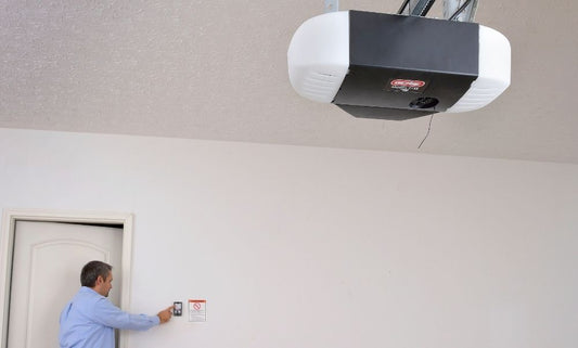 Genie garage door opener with battery backup installed in a garage