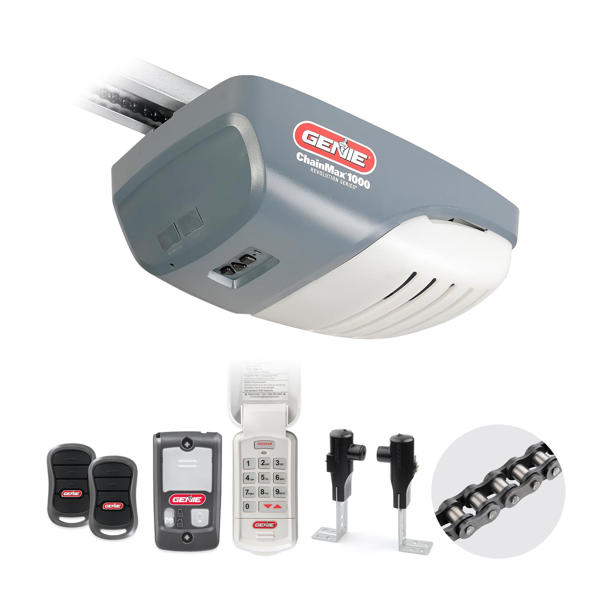3022-TKH Genie chain drive garage door opener comes with 2 remotes and a wireless keypad
