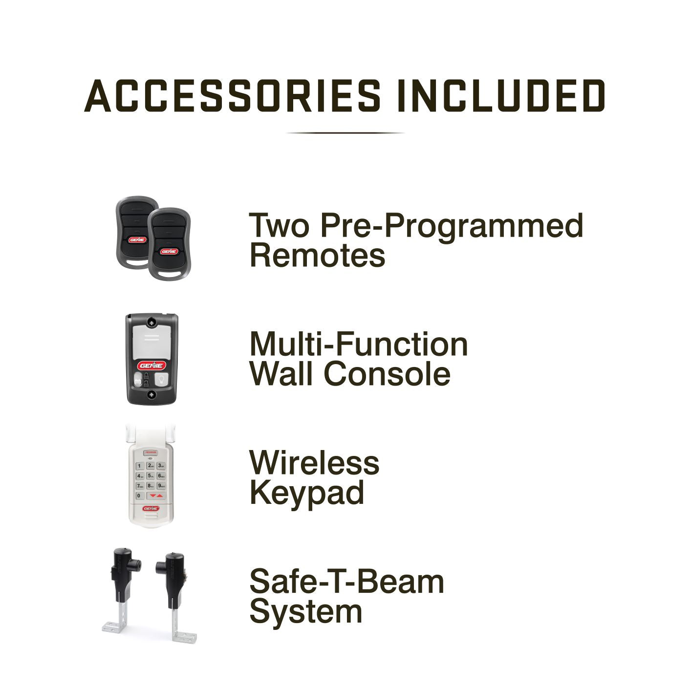 Accessories included with the Genie 2035-TKV garage door opener
