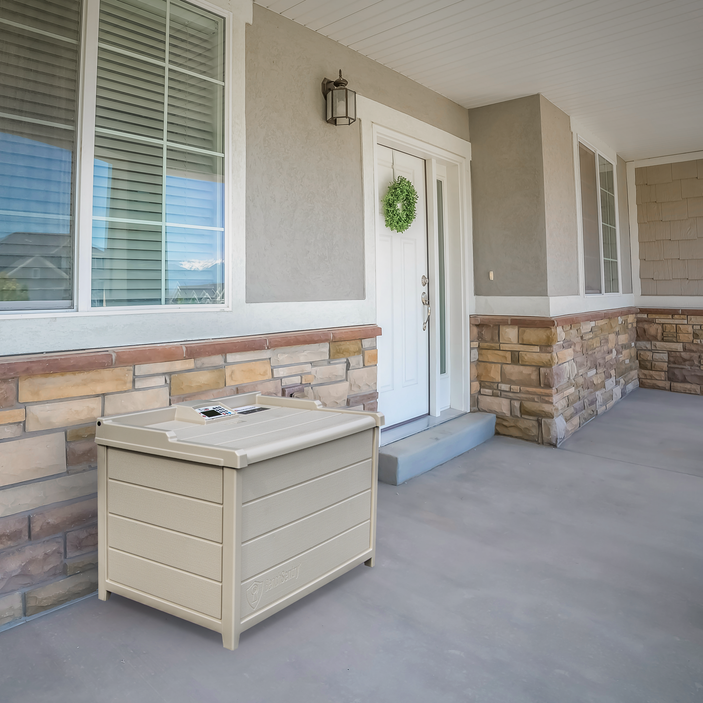 BenchSentry Connect_Tan_Package Delivery Box on a Front Porch