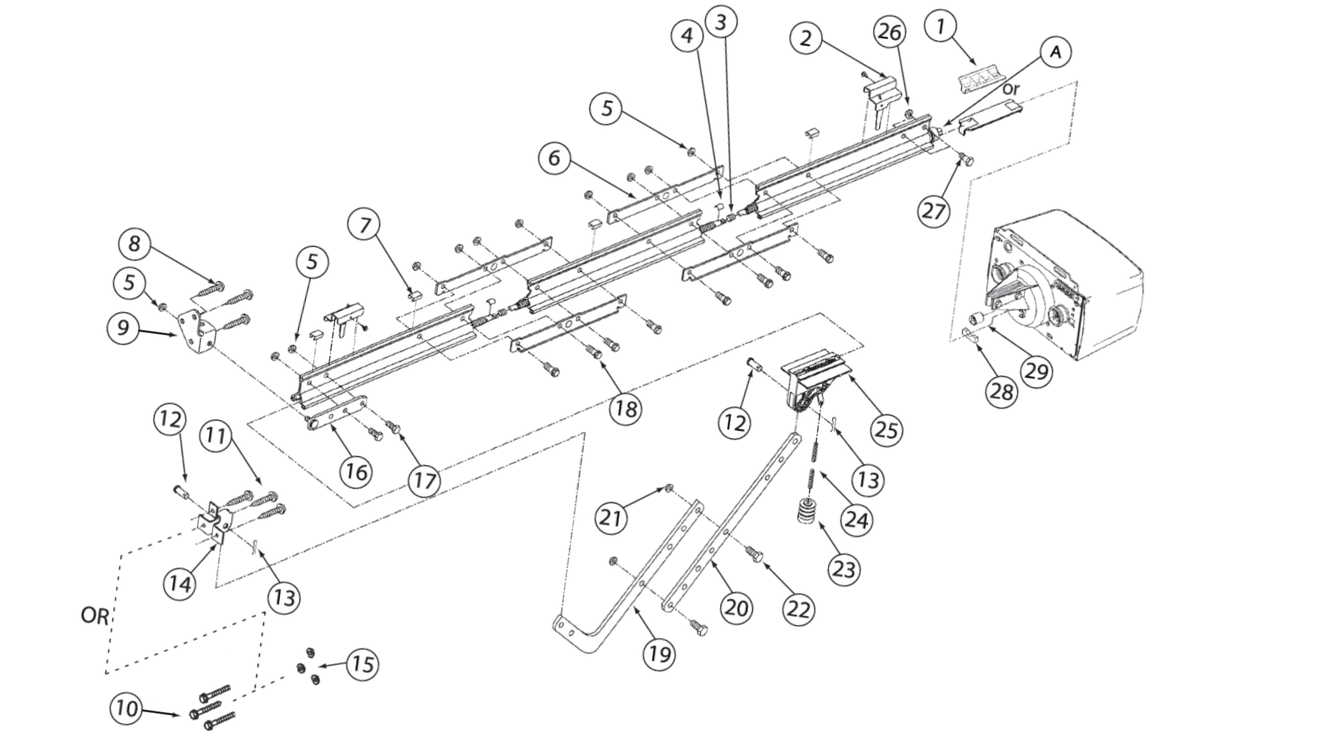 Genie AC Screw Drive garage door opener diagram of replacement parts for the screw rail