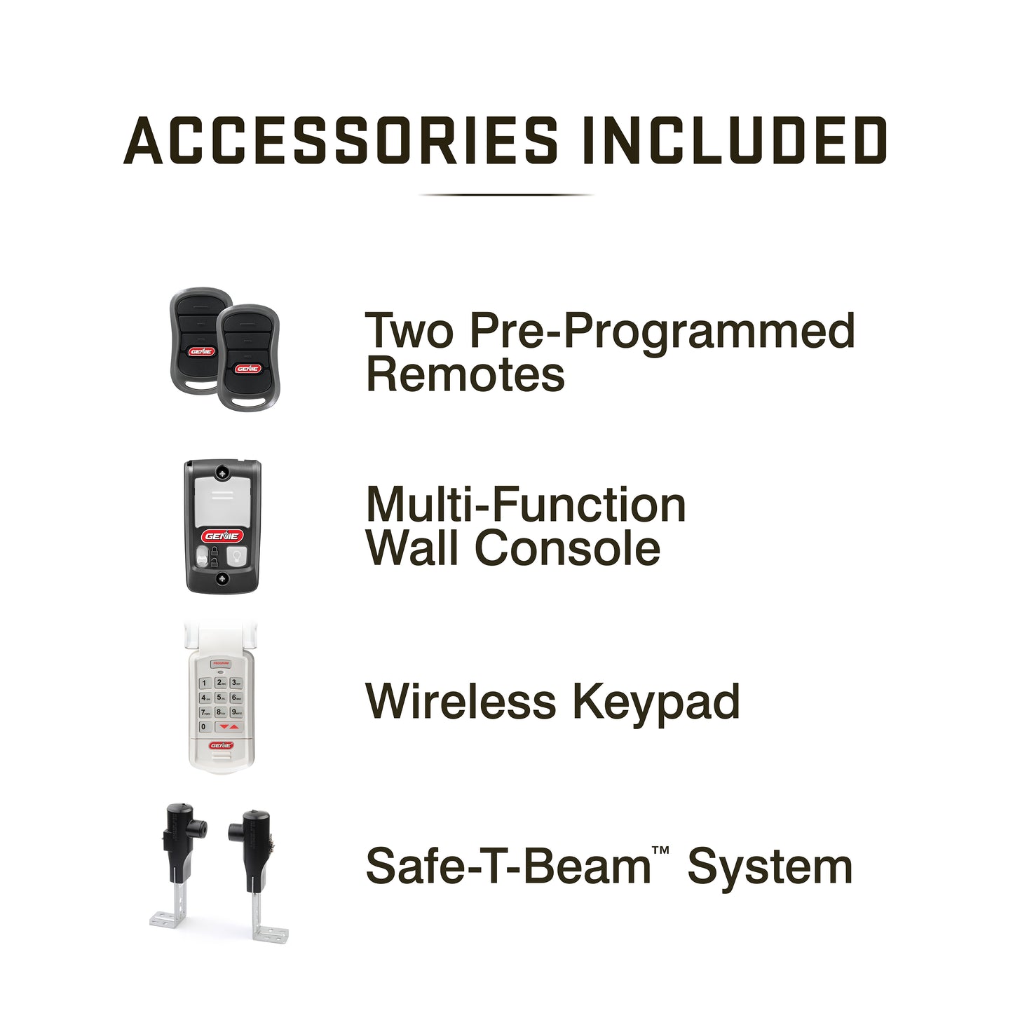 Accessories included with your Genie garage door opener_2 remotes_wall console_wireless keypad_safetbeams