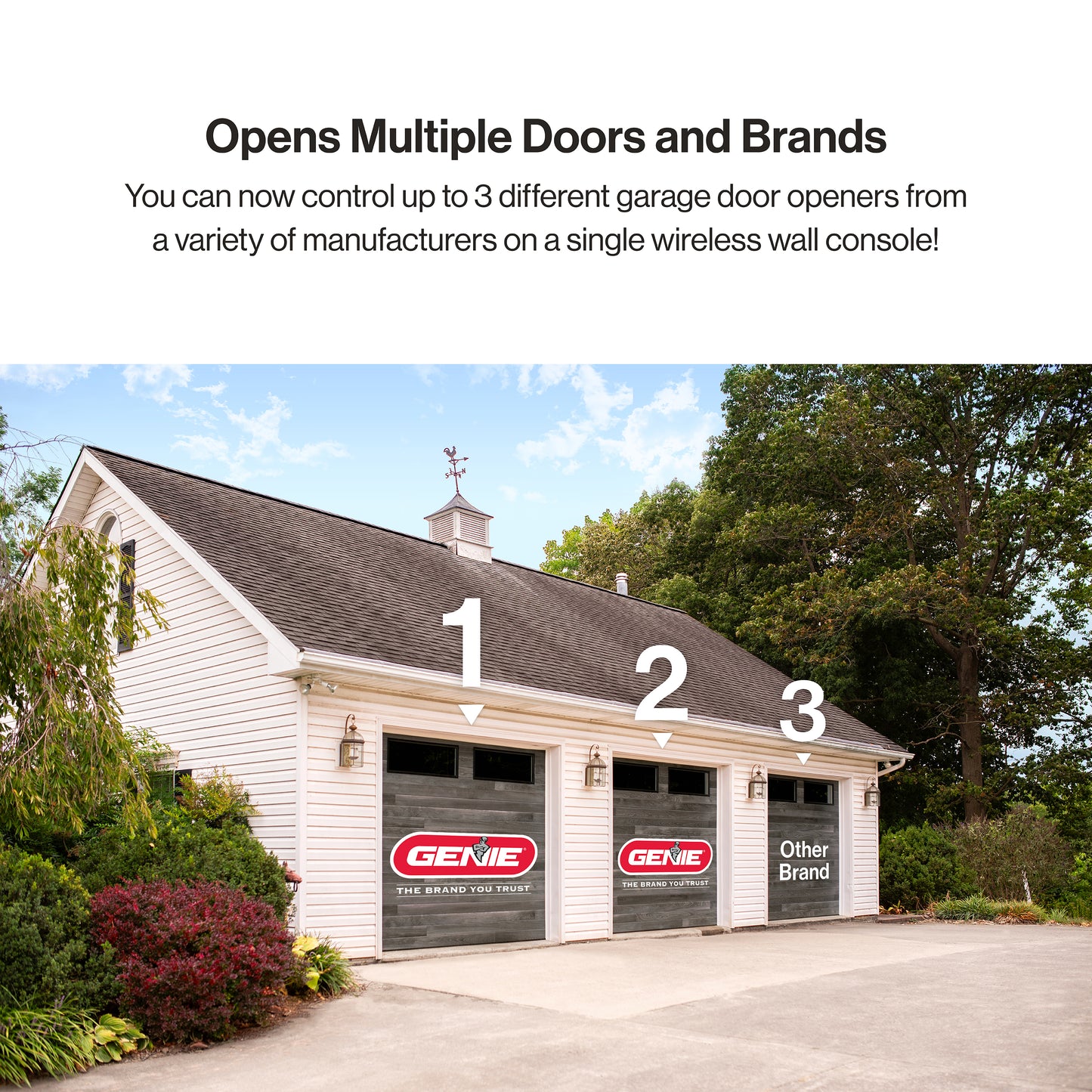 Universal wireless wall console controls up to 3 different garage door openers
