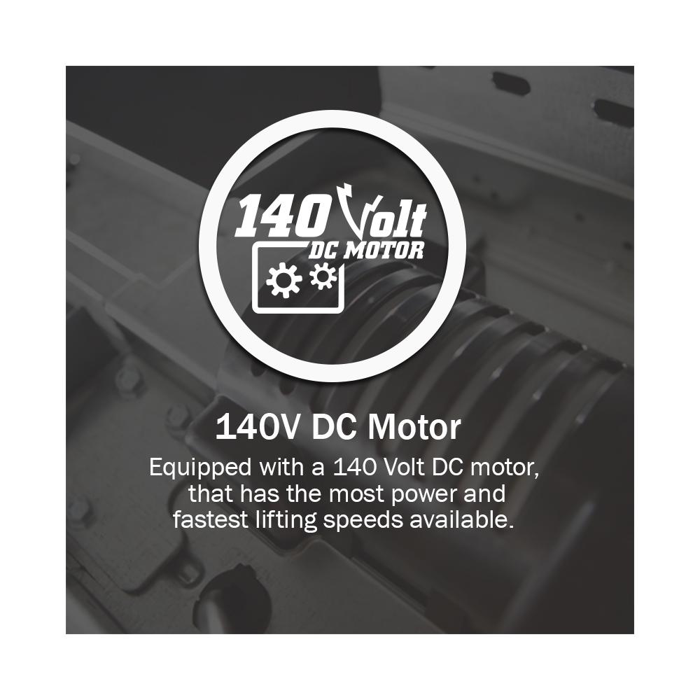 Genies MachForce screw drive garage door opener has a 140 Volt DC Motor