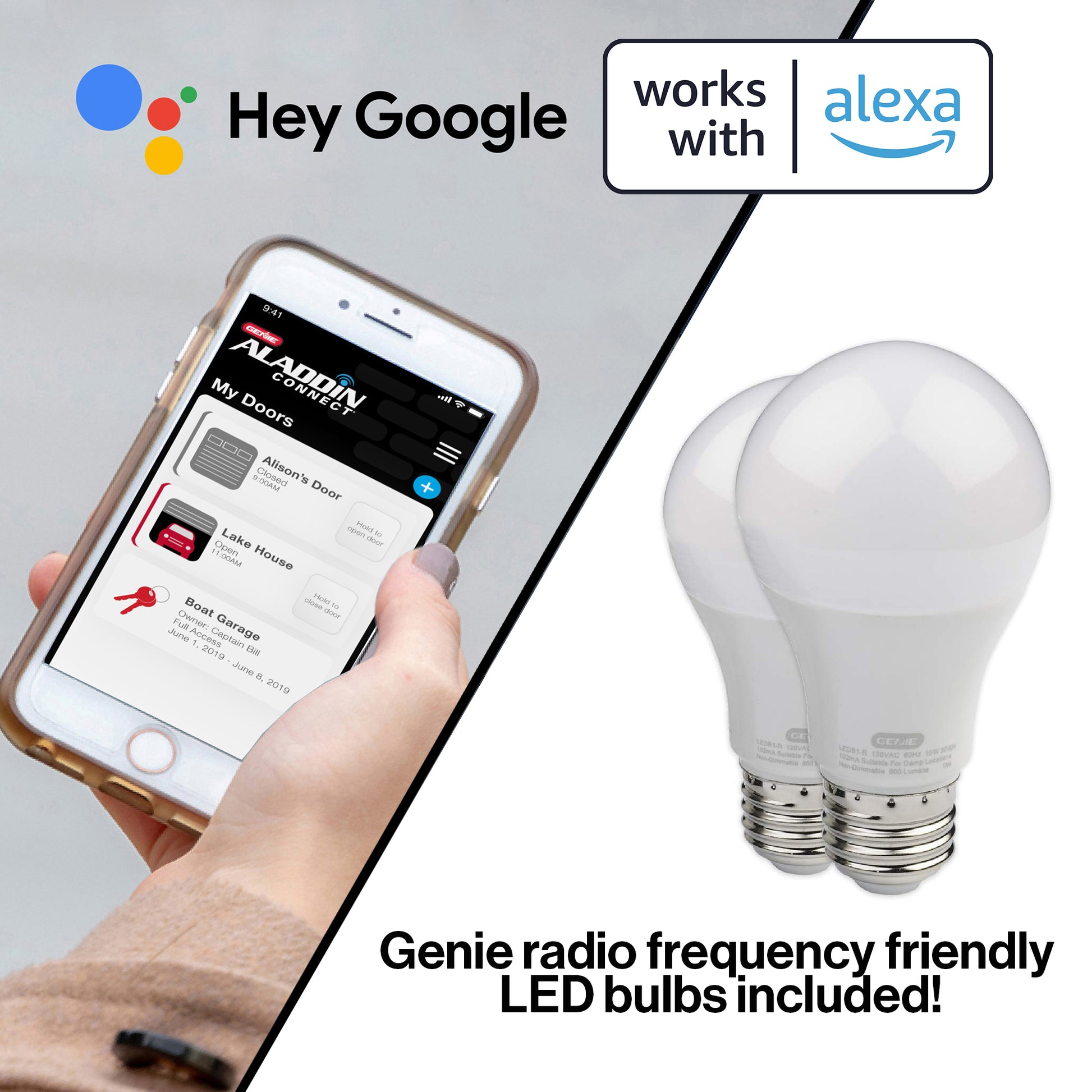 Genie Chain Glide Connect Essentials Smart garage door opener comes with LED light bulbs and Works with Alexa and Hey Google