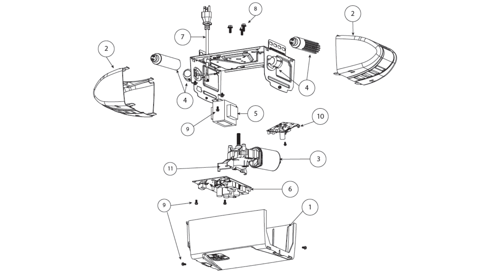 Genie Garage Door Opener Belt and Chain Drive Models 2033, 3053, 3155, diagram of replacement parts - Powerhead 