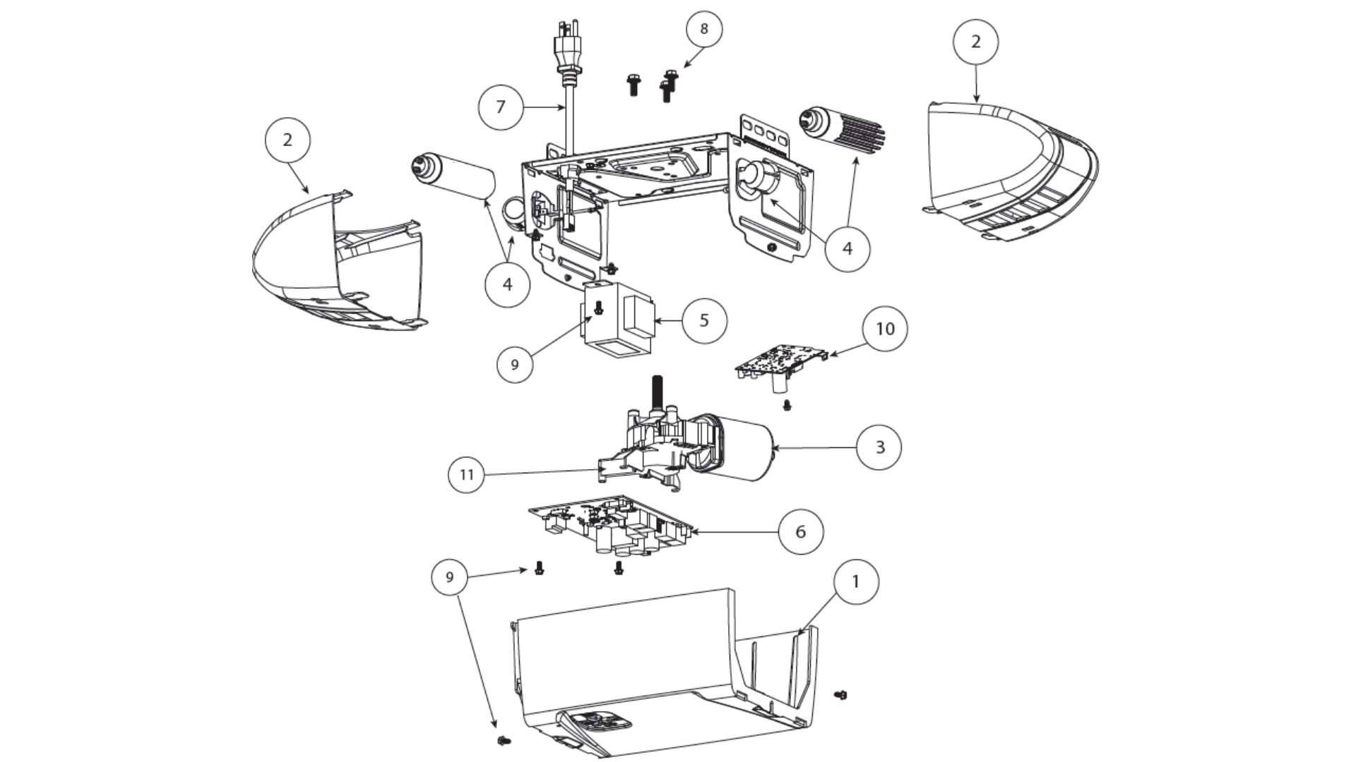 Genie Garage Door Opener Belt and Chain Drive Models 2035, 2055, 3035, 3055 diagram of replacement parts - Powerhead 
