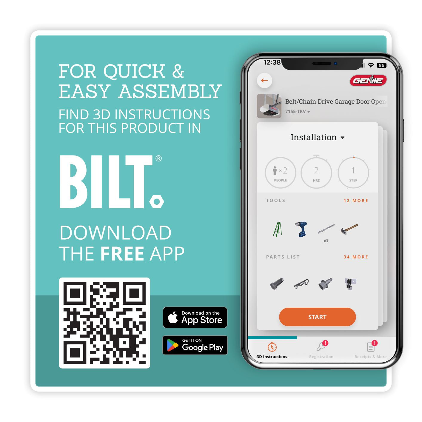 BILT instructions for Genie garage door openers, download the app for free