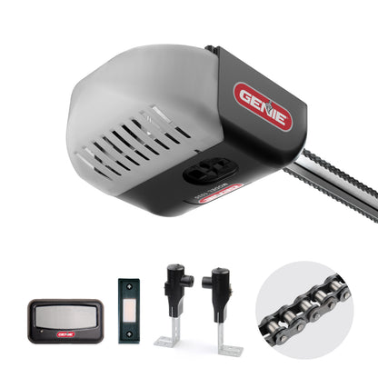 Garage door opener with components on a white background, featuring the Genie brand.