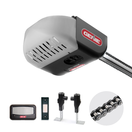 Garage door opener with components on a white background, featuring the Genie brand.