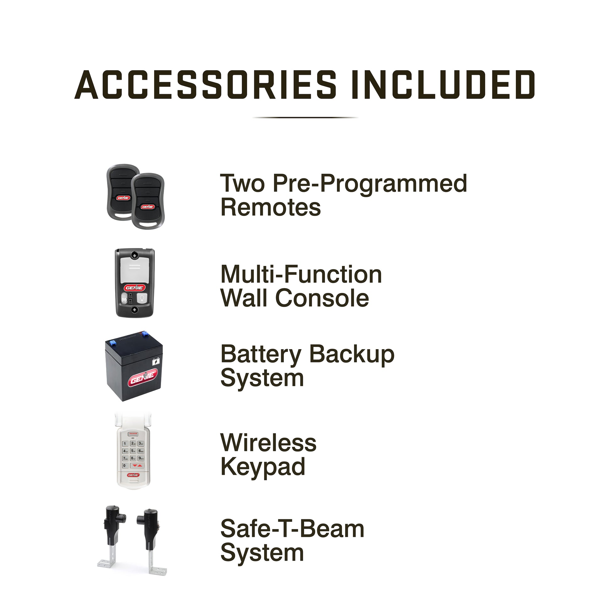 Accessories included_2 programmed remotes, wall console, battery backup, keypad