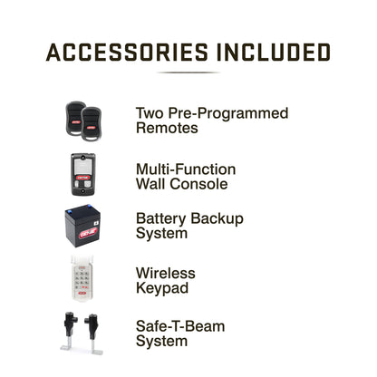 Accessories included_2 programmed remotes, wall console, battery backup, keypad