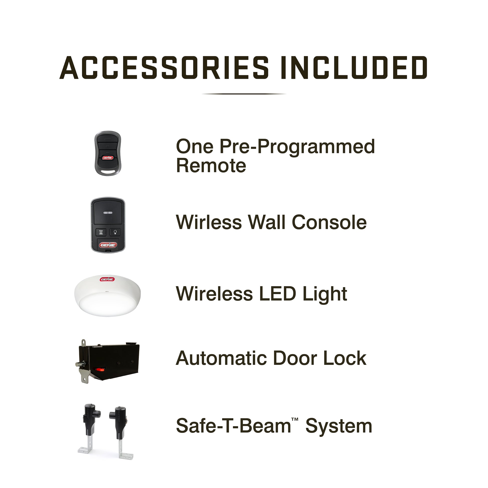 Accessories included with the Genie Wall Mount garage door opener