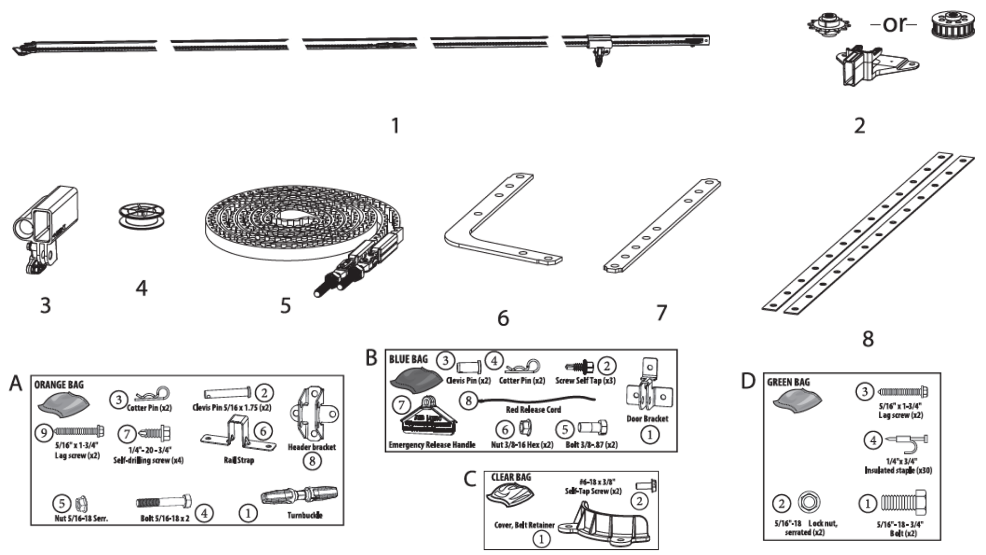 Genie Garage Door Opener Belt and Chain Drive Models diagram of replacement parts for 5 piece Rail