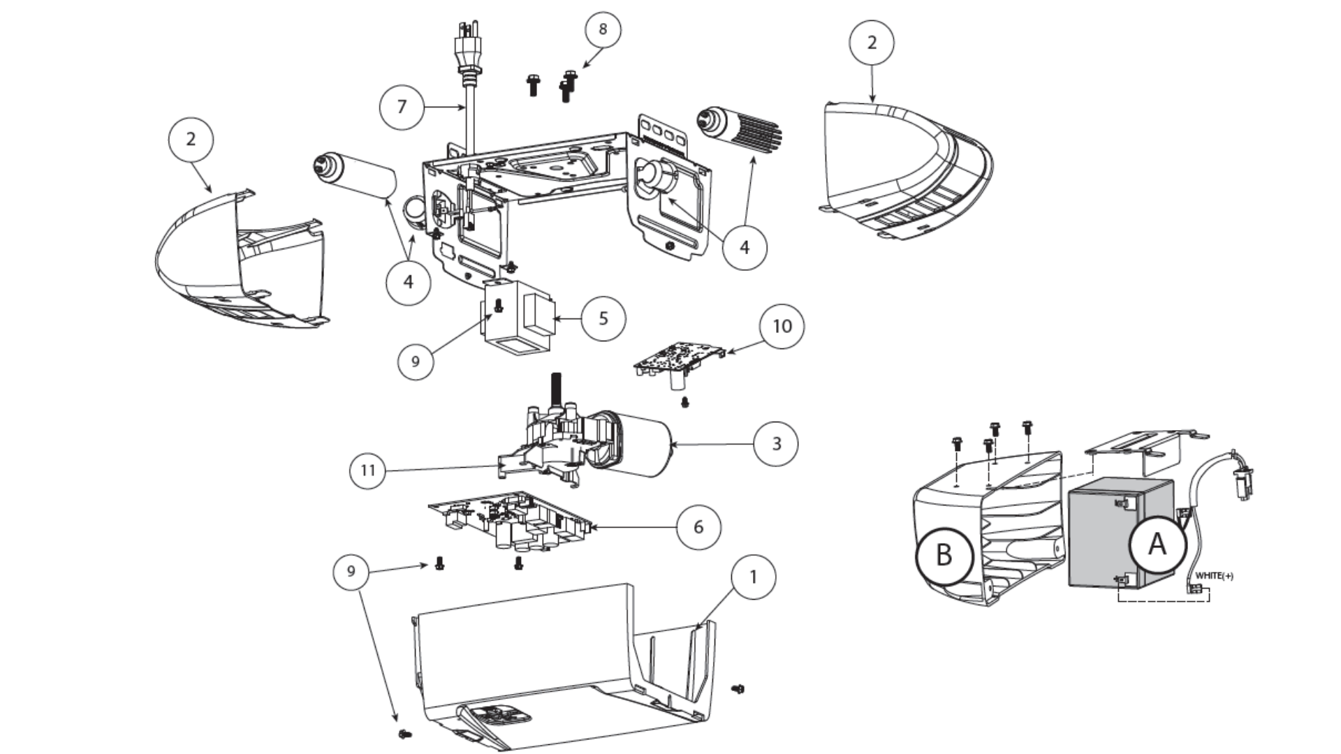Genie Garage Door Opener Belt and Chain Drive Models 7035, 7055 diagram of replacement parts - Powerhead