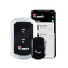 Aladdin Connect smart home security kit featuring a white and black smart lock, a black smart chime, and a smartphone displaying the Aladdin Connect app interface, on a solid white background.