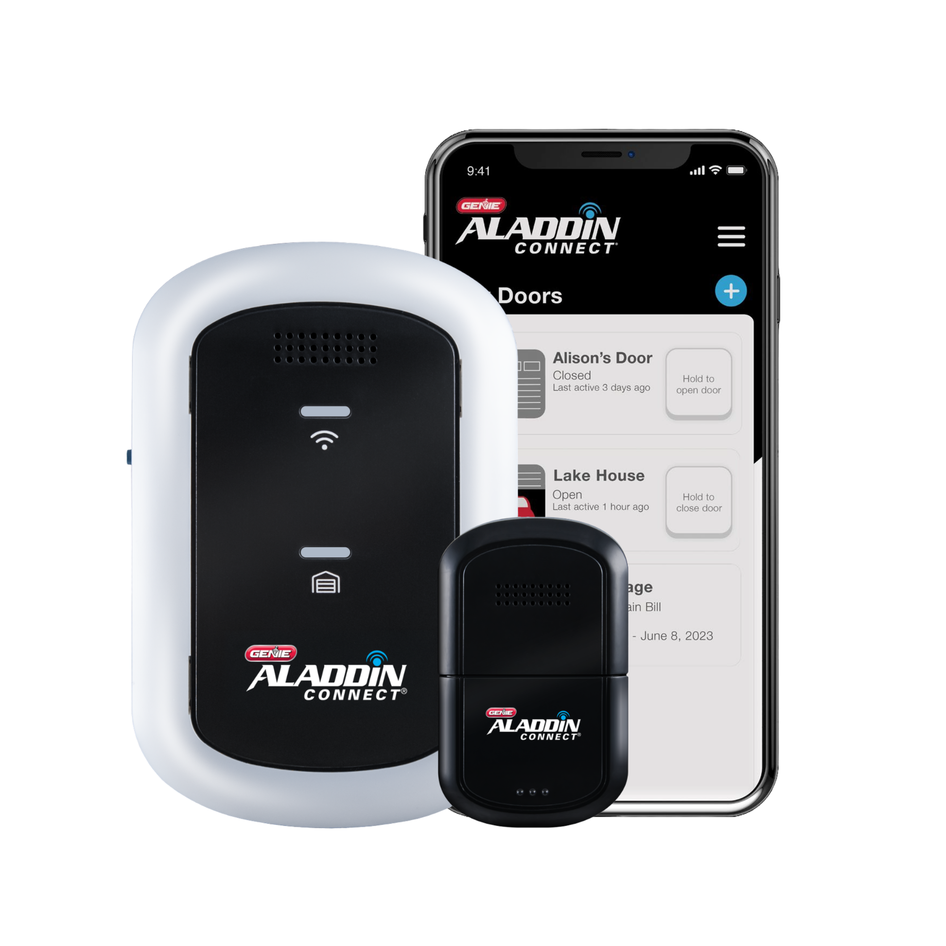 Aladdin Connect smart home security kit featuring a white and black smart lock, a black smart chime, and a smartphone displaying the Aladdin Connect app interface, on a solid white background.