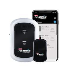 Translation missing: en.Aladdin Connect smart home security kit featuring a white and black smart lock, a black smart chime, and a smartphone displaying the Aladdin Connect app interface, on a solid white background