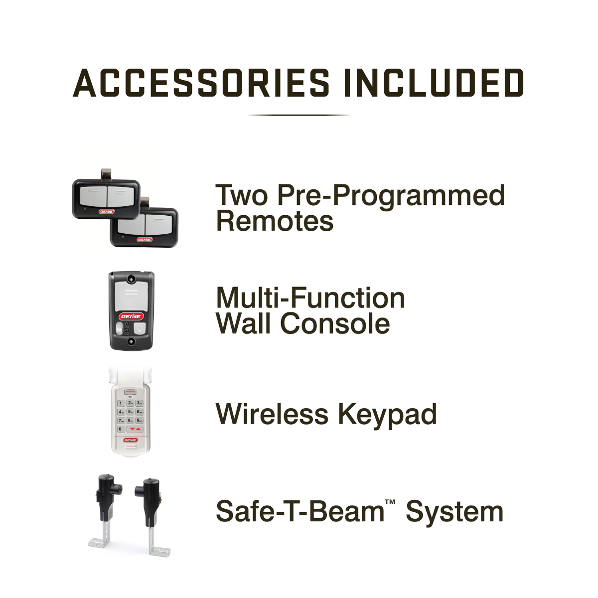 List of included accessories for garaged door opener