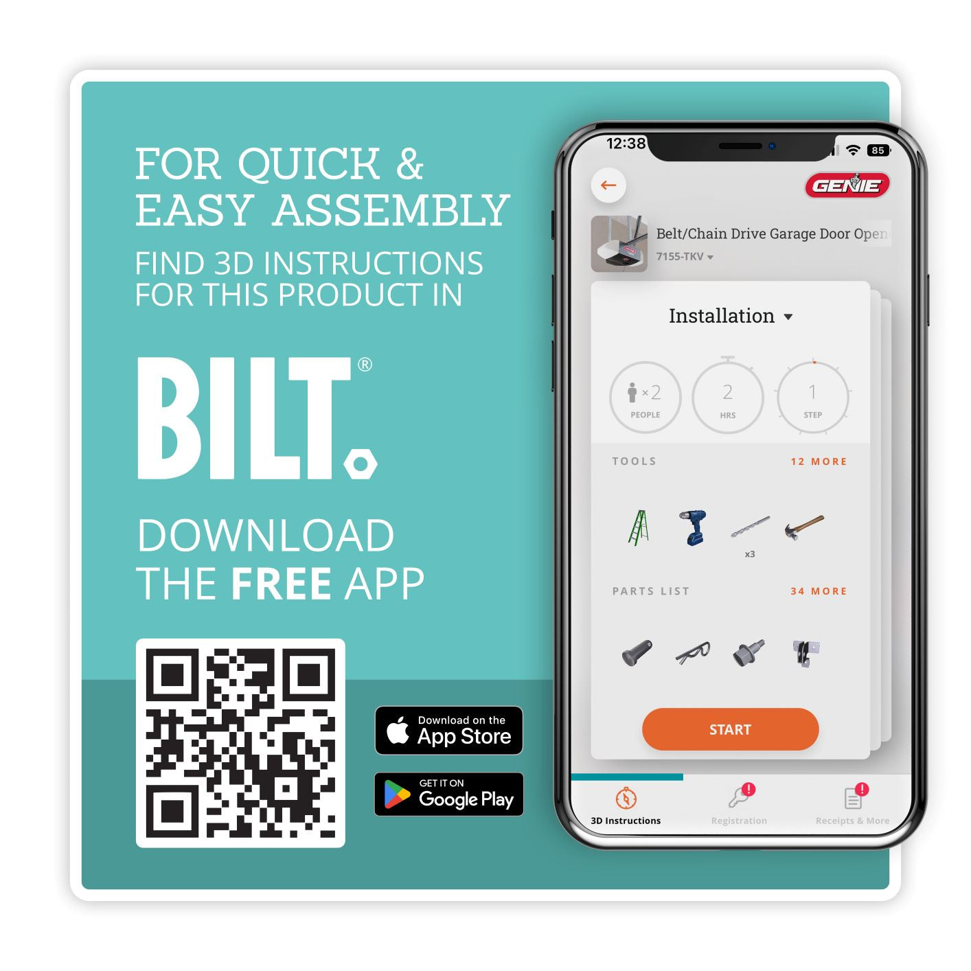 Quick and Easy assembly with the BILT app, download it for free