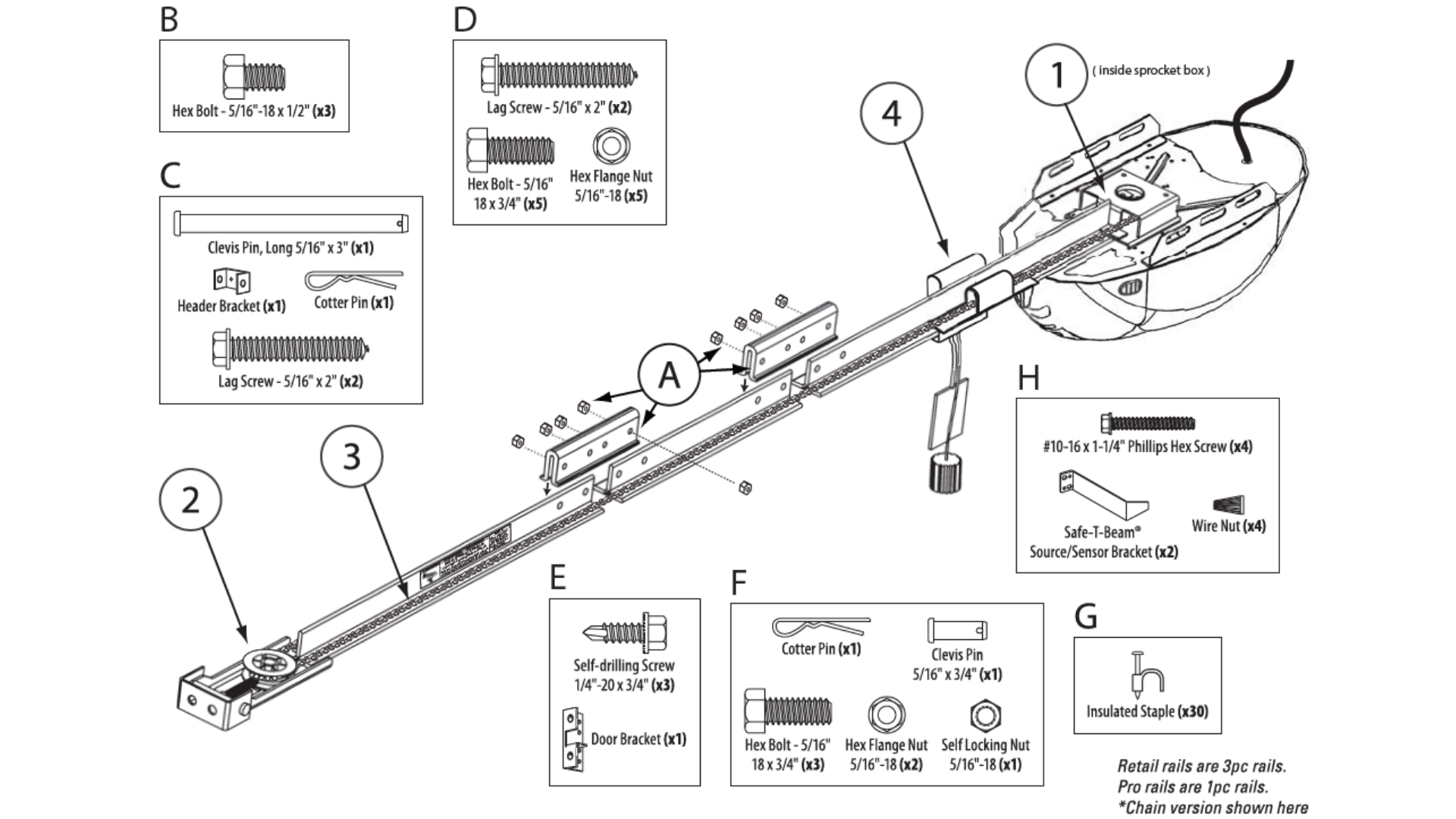 Genie Garage Door Opener Models ChainLift® and ReliaG® Series diagram of replacement parts - Rail