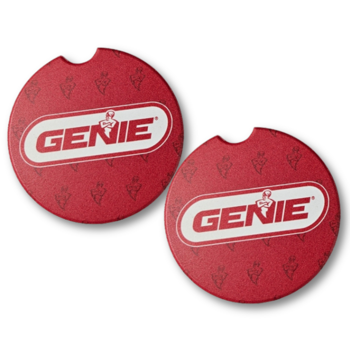 Ceramic car coaster with the Genie Brand Logo