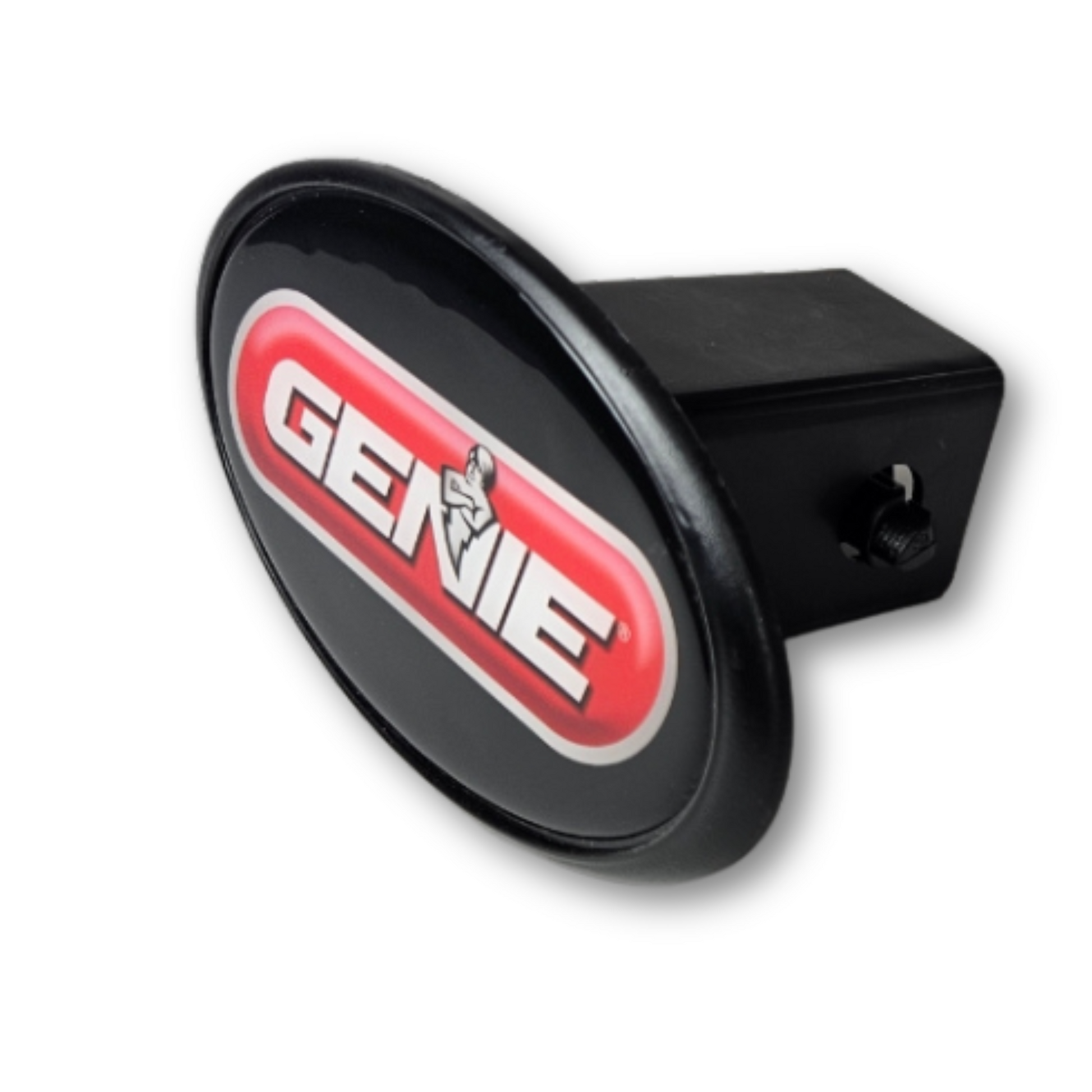 Hitch cover with the Genie brand logo - side view