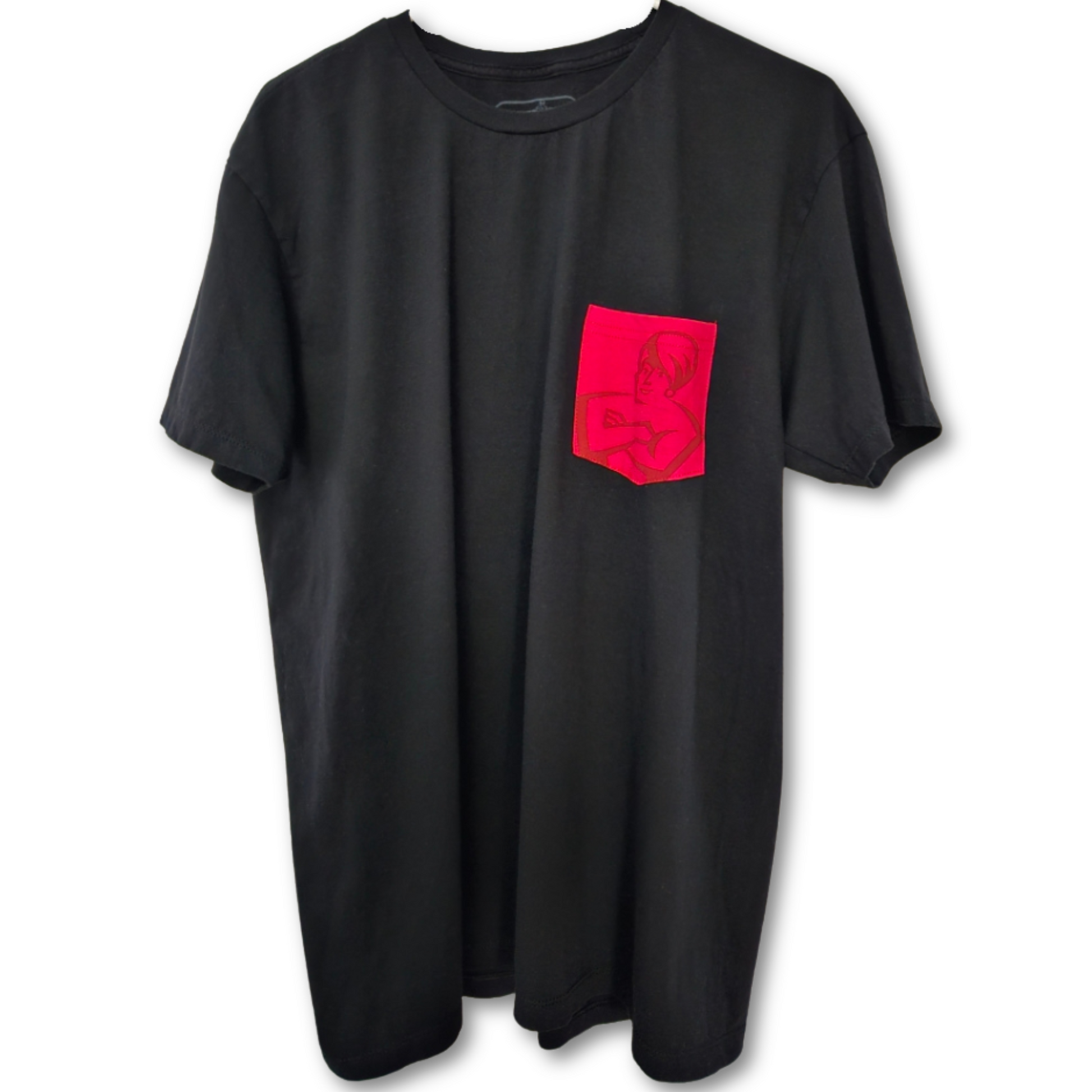 Black T-shirt with red pocket featuring the GenieMan