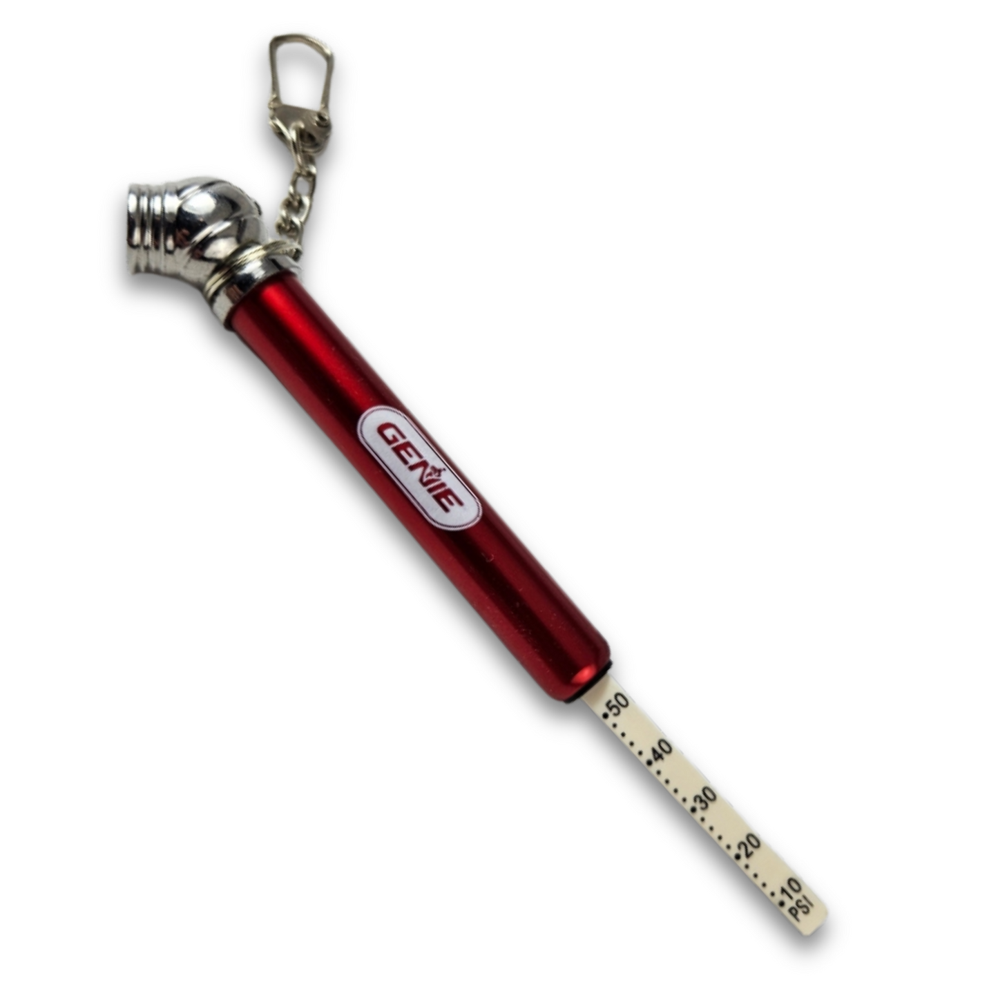 Mini tire gauge with Genie logo and keychain, opened