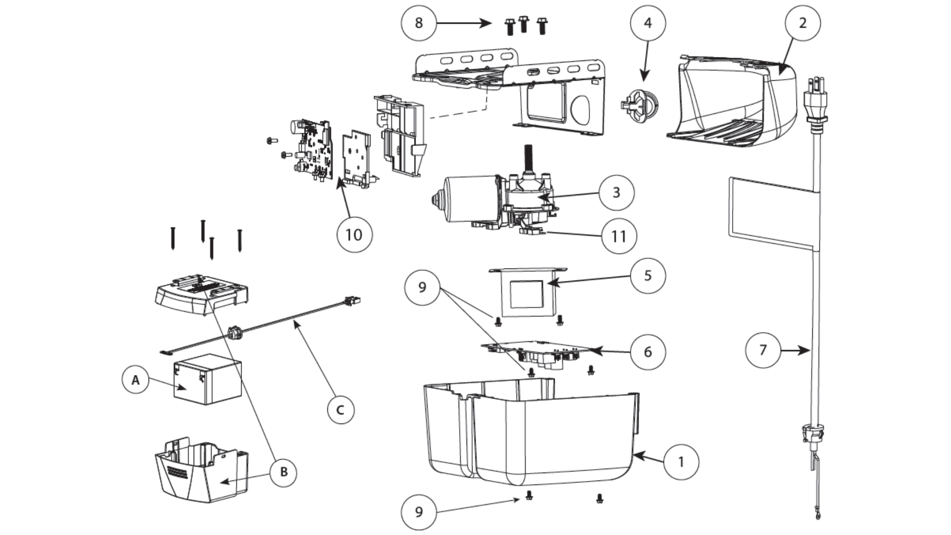Genie Garage Door Opener 1128, 2128 Model diagram of replacement parts - Powerhead