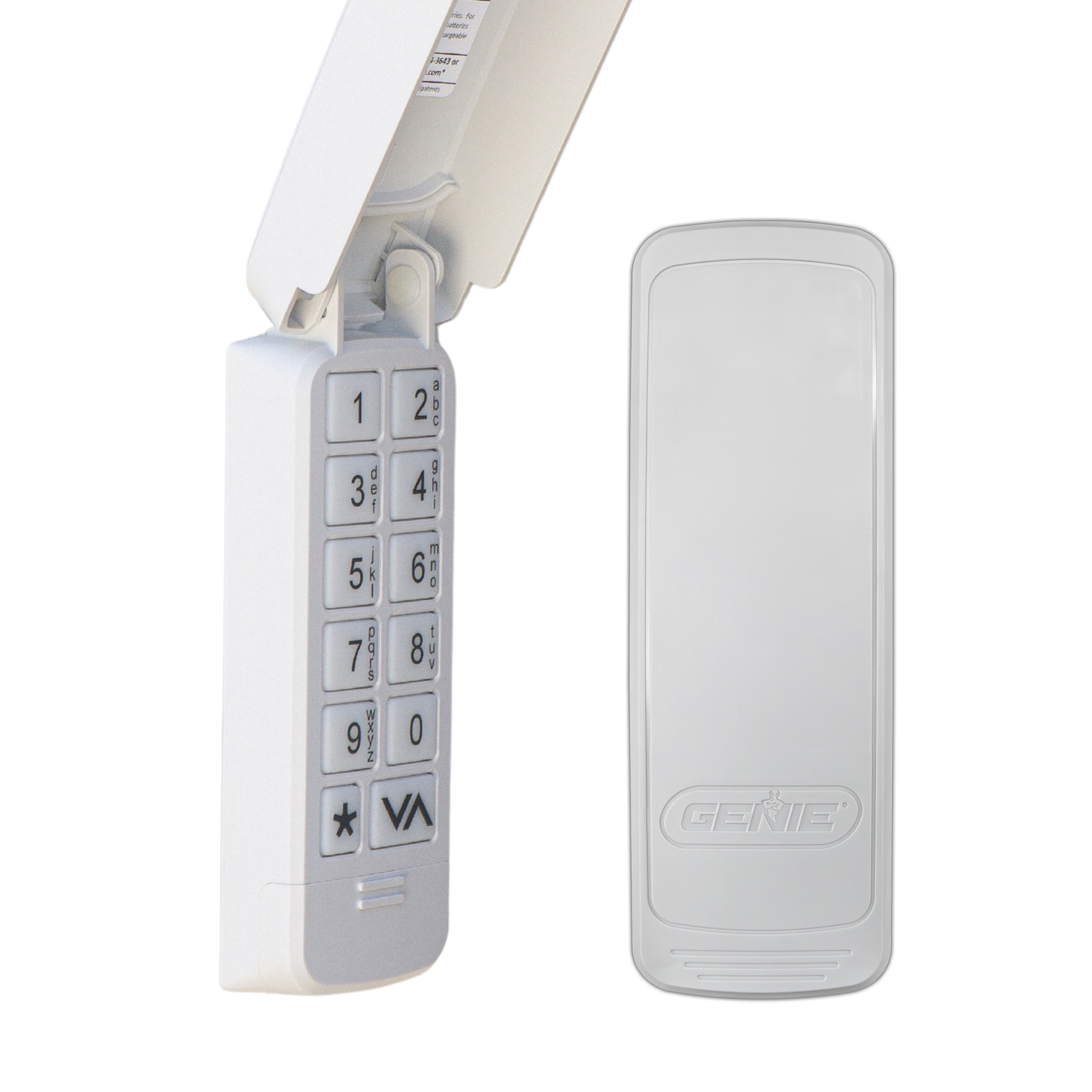 A white electronic keypad device with an attached antenna on the left and a matching rectangular receiver or sensor unit on the right, both shown on a plain white background. The right unit has the brand name GENIE embossed on it.
