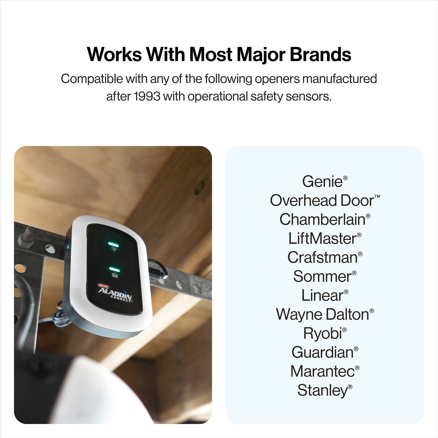 Compatibility graphic for the Aladdin Connect, showing a photo of the device mounted on a track next to a list of compatible brands including Genie, Overhead Door, Chamberlain, LiftMaster, Craftsmen, Sommer, Linear, Wayne Dalton, Ryobi, Guardian, Marantec, and Stanley.