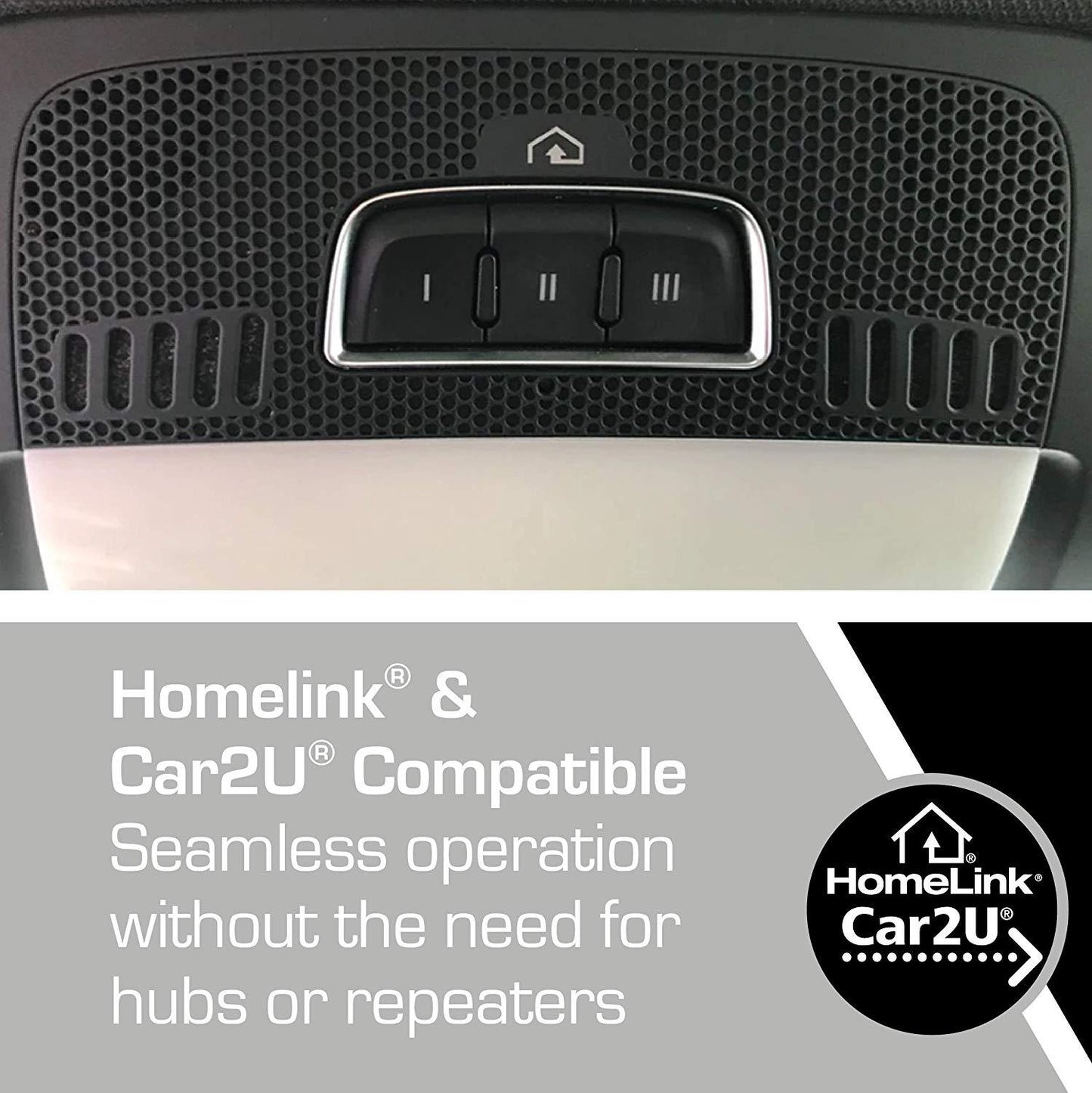 Genie garage door opener 1035-V is compatible with homelink and car2u in car remote systems 