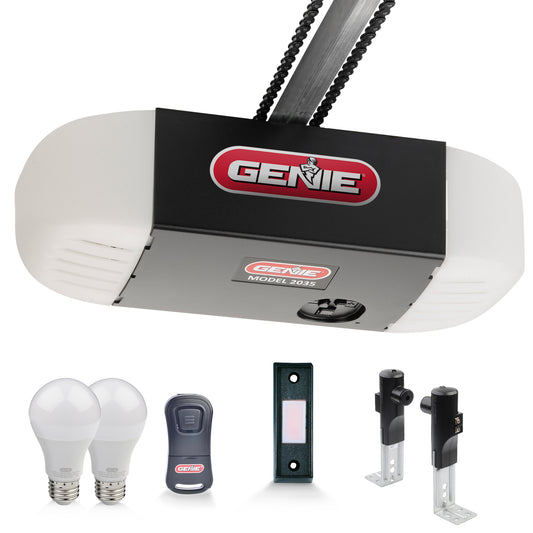 Genie Chain 550 Essentials Garage door opener with led light bulbs, remote, push button, and Safe-T-Beams