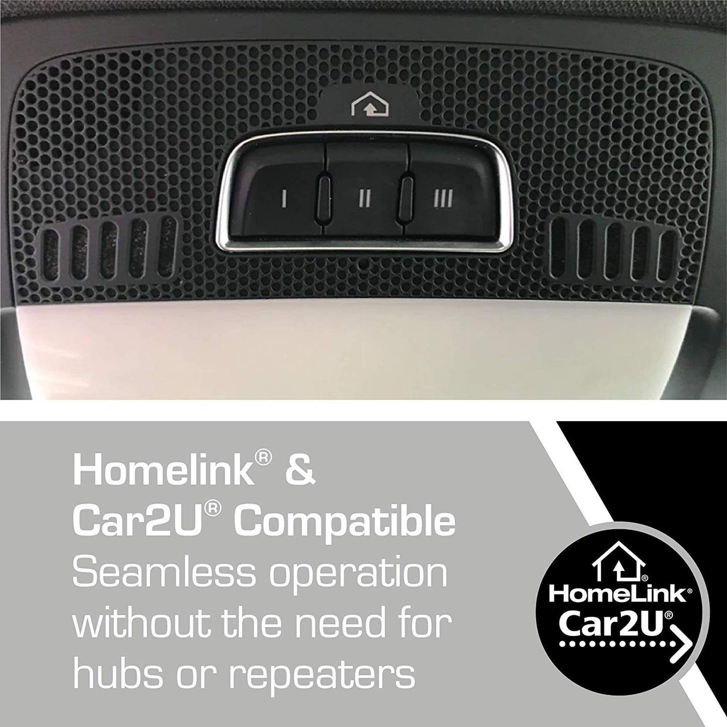 This garage door opener works with Homelink and Car2U