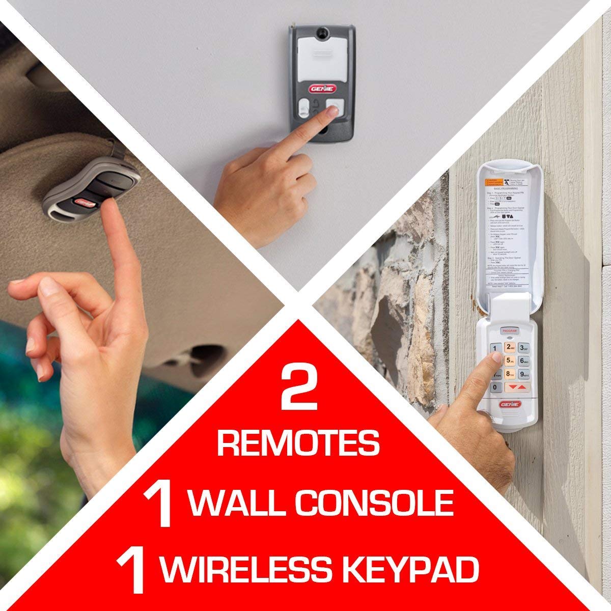 Includes these popular accessories needed to operate the garage door opener - 2-remotes, a wall console, and wireless keypad 