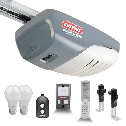 Genie Chain Drive garage door opener with led light bulbs, 1 remote, 1 keypad, wall console and safe-t-beams