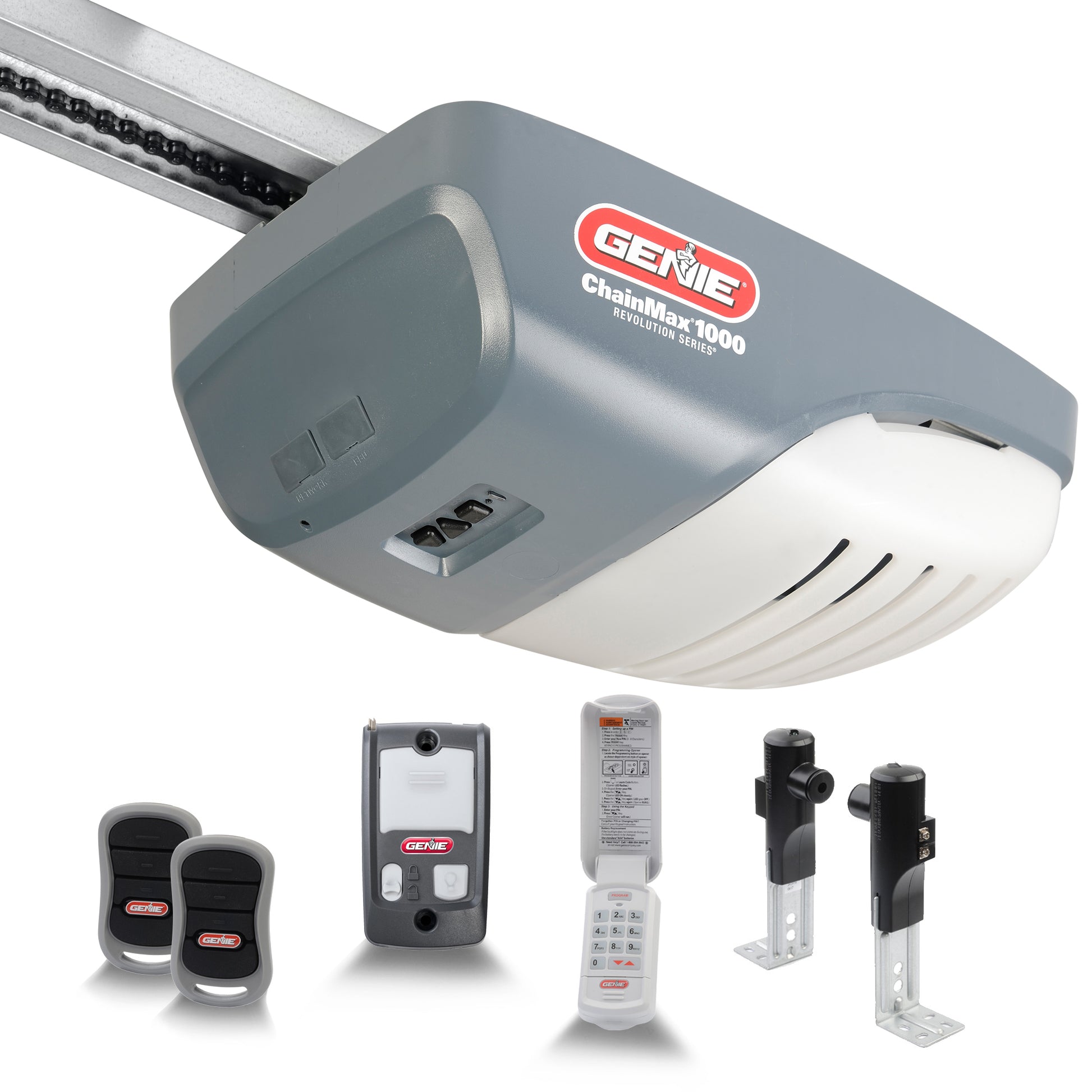 3022-TKH Genie chain drive garage door opener comes with 2 remotes and a wireless keypad