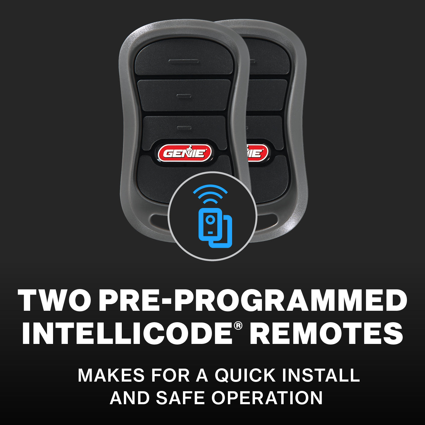 Two preprogrammed remotes included with the Genie QuietLift Connect garage door opener, makes installation easier