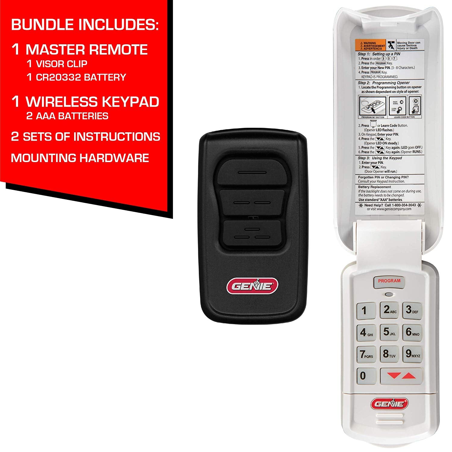 Genie garage door opener accessory bundle remote and keypad comes with programming instructions