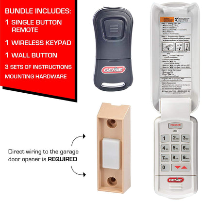 Garage door opener accessory bundle with the popular one button Genie remote, wireless keypad, and push button 