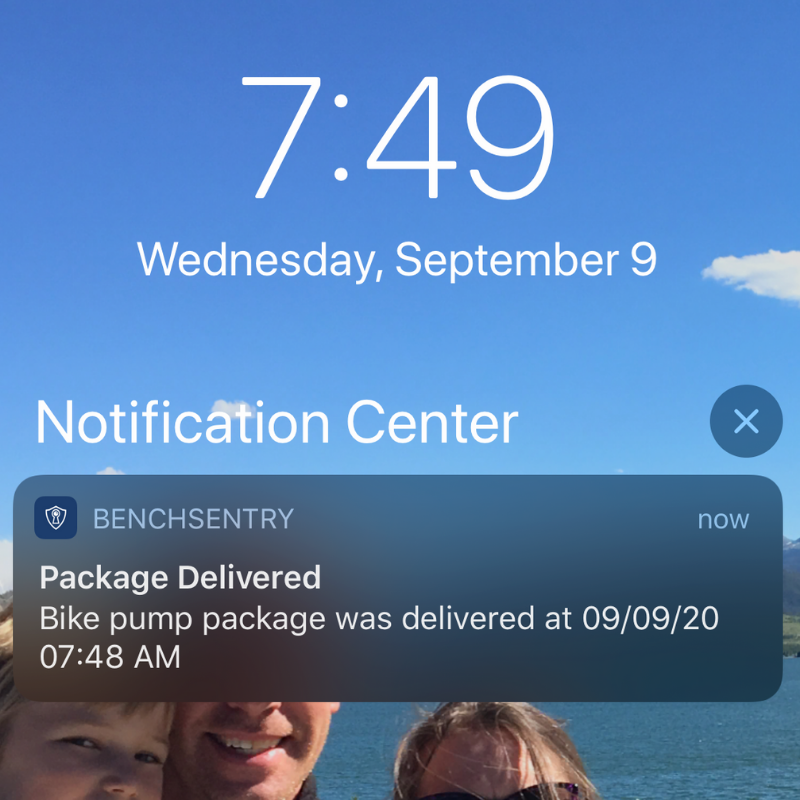 Phone screen showing notification center alerting package delivery from the BenchSentry app