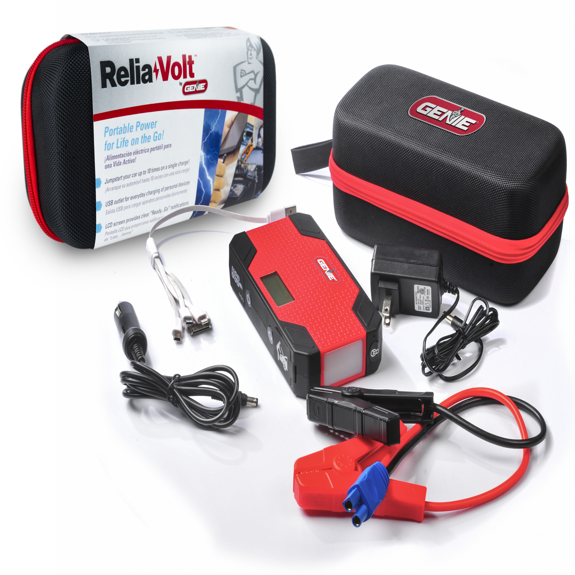 ReliaVolt Portable Jump Starter and charger includes charger, jumper cables, multi charger plug, charge adapter, flashlight