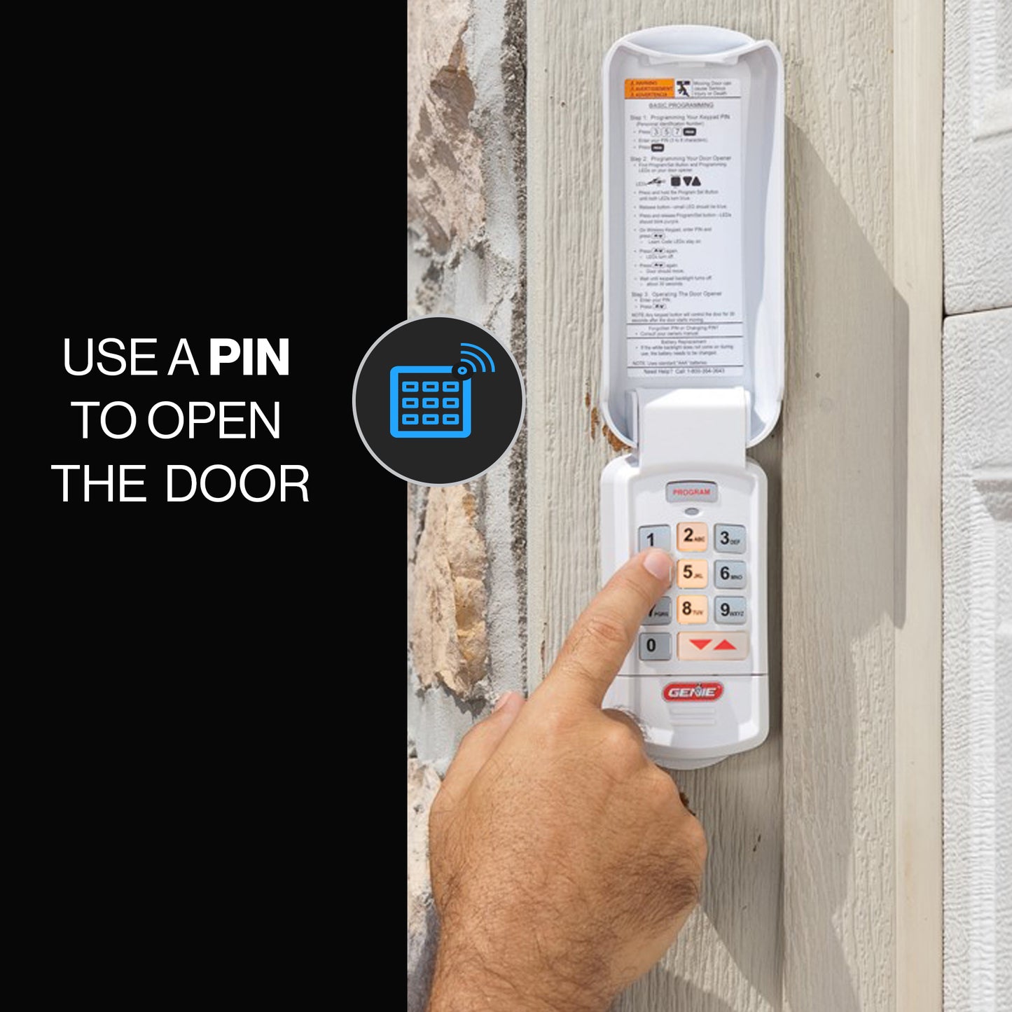 Use a pin to open the garage door with this Genie Wireless Keypad
