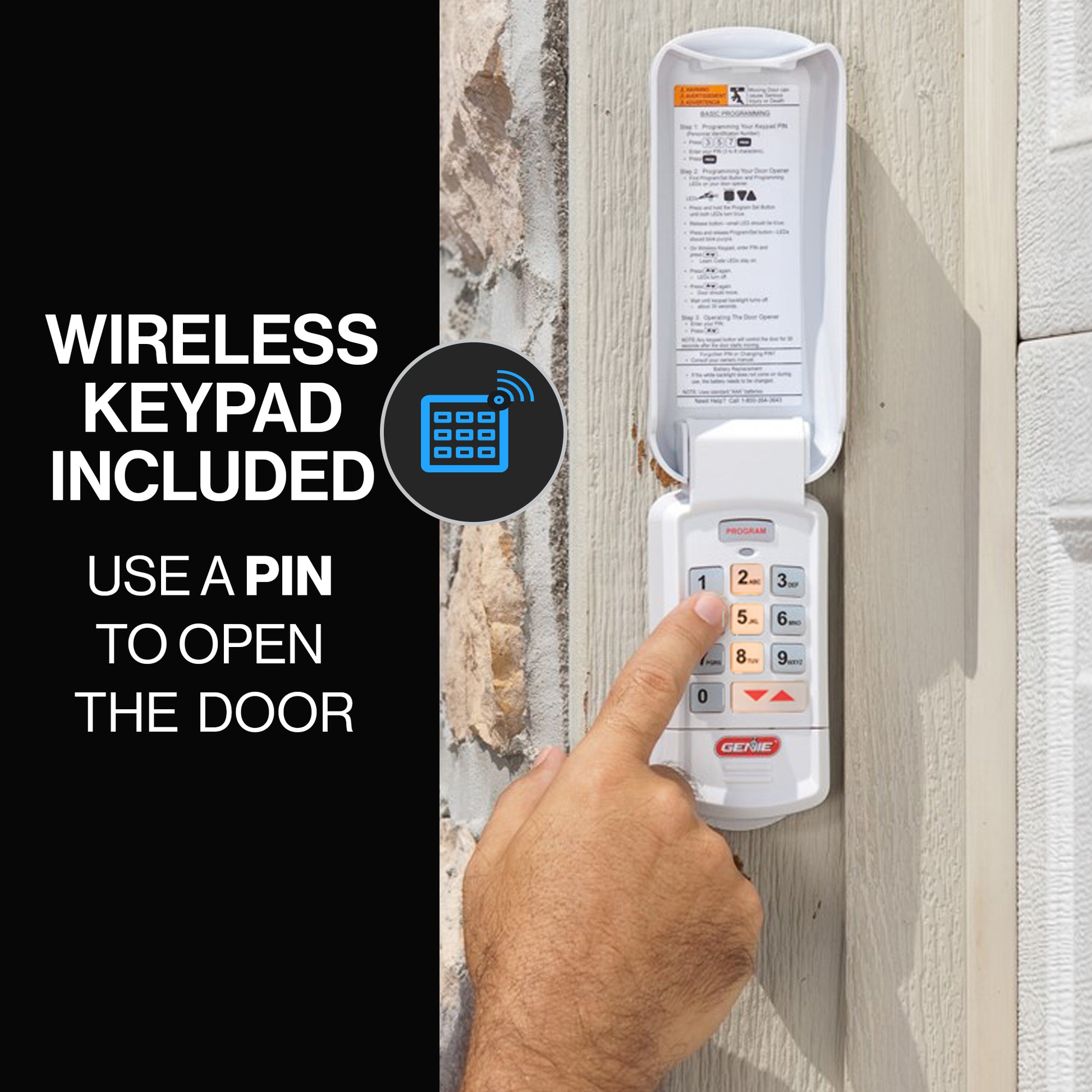 Pinpad access into the garage with the Genie wireless keypad included with the 3053-TKV, Genie Quietlift Connect