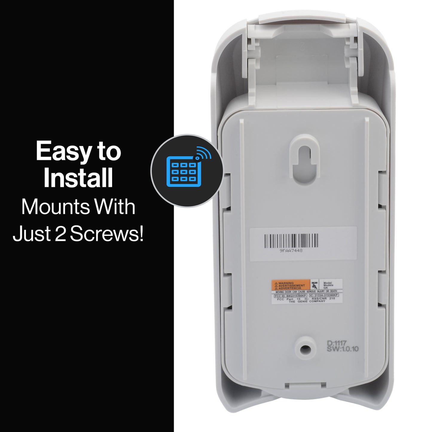 With just two mounting screws the Genie wireless keypad is easy to install