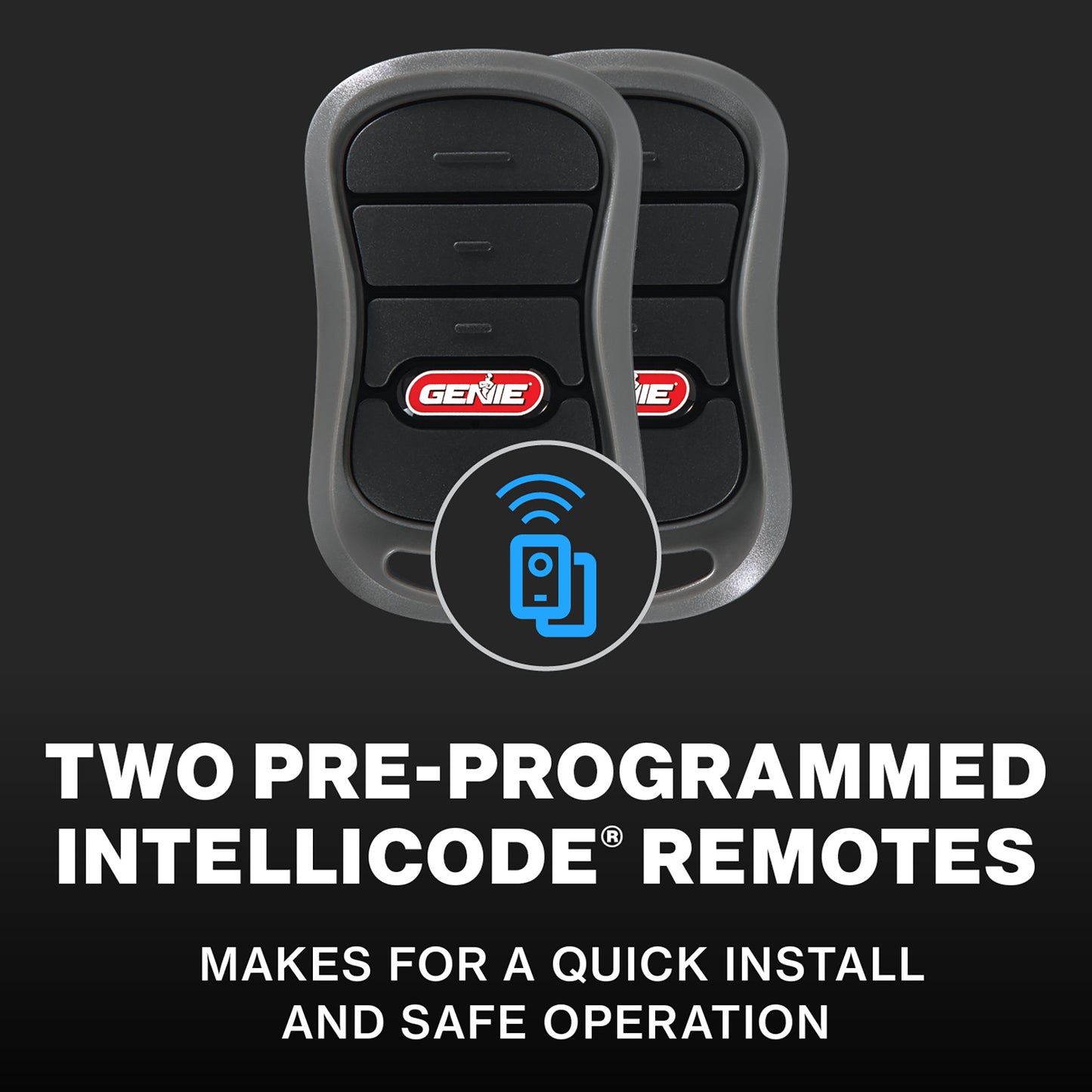 Two preprogrammed remotes makes for a quick garage door opener installation on the Genie screwdrive