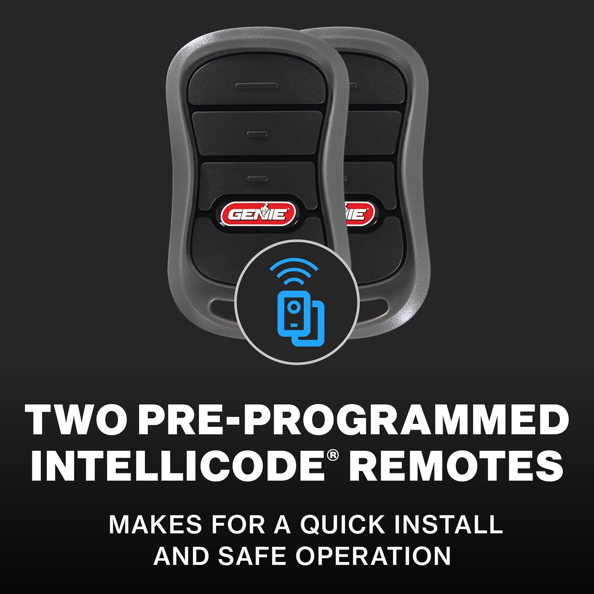 Two preprogrammed remotes makes for a quick garage door opener installation on the Genie screwdrive