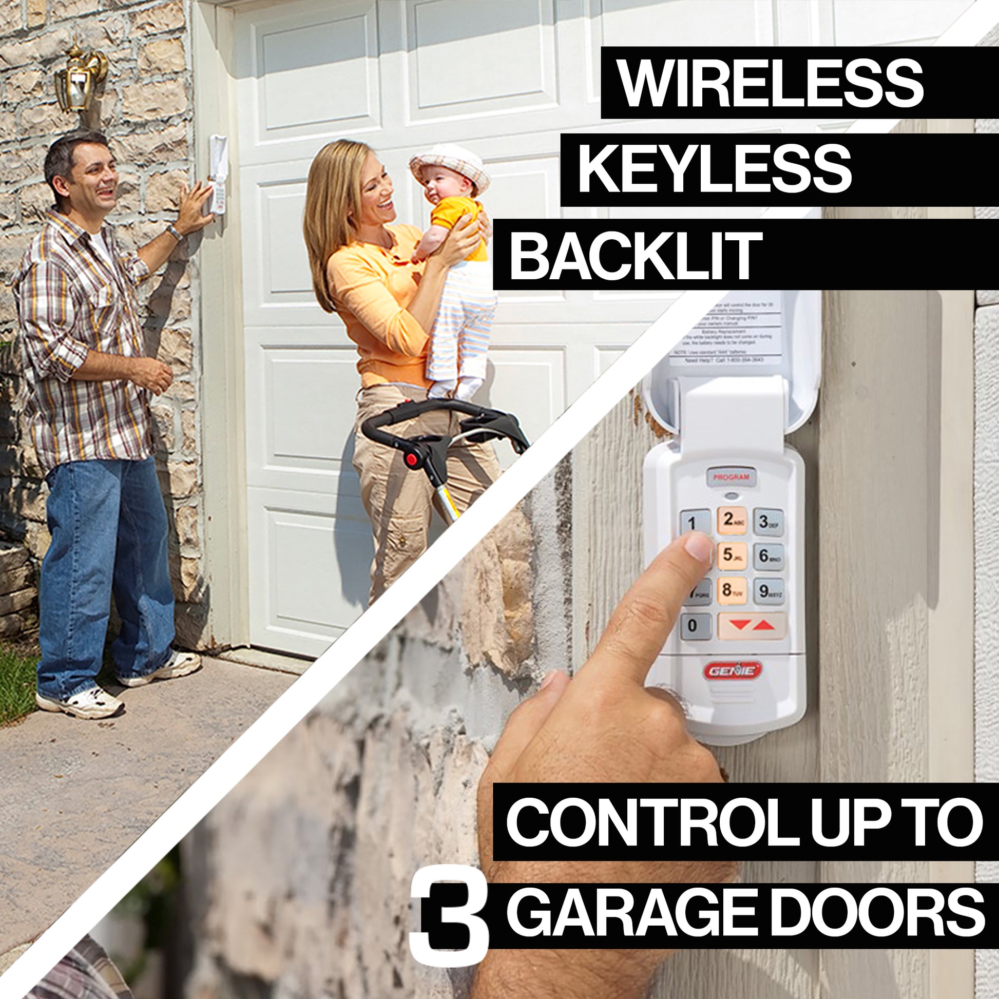 The Genie Wireless Keyless entry pad is backlit and can control up to three garage doors